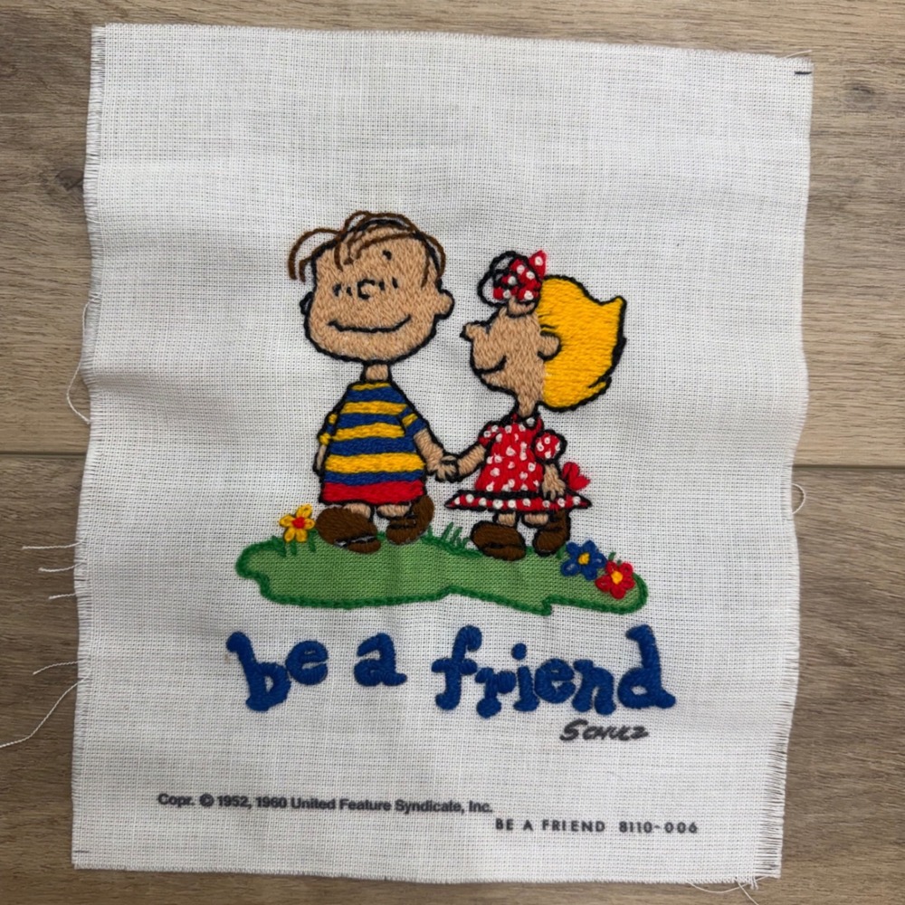 Vintage Crewel Peanuts Linus Sally Be A Friend Hand Embroidered Kitsch
